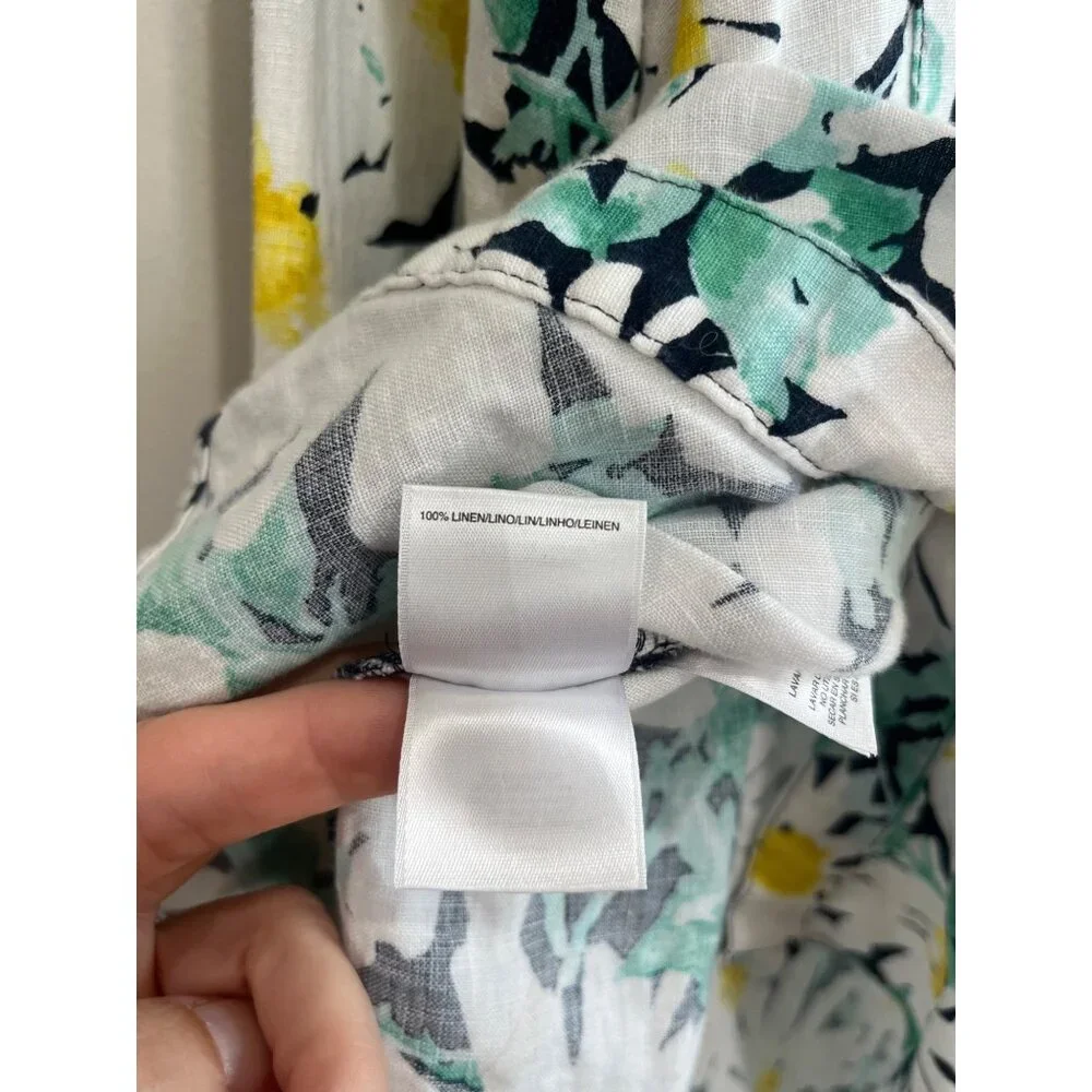 Jones New York 100% Linen Button Up Shirt Womens M Daisy Print 3/4 Sleeve - Picture 5 of 9